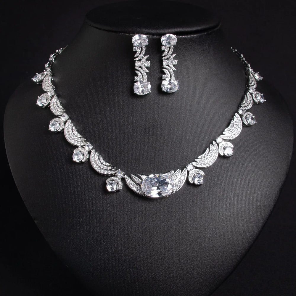 Women's Cubic Zirconia Jewellery Set | Statement Necklace & Drop Earrings | Braviixx