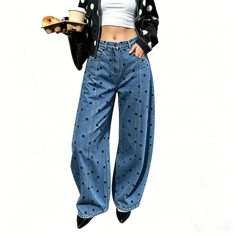 Fashion Women Barrel Jeans Dot Print Loose Denim Pants Spring Casual Baggy Trousers Fashion Wide-Leg Pants