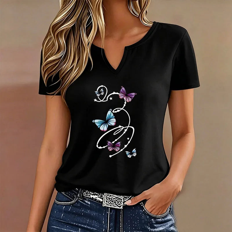 Graphic Colorful Butterfly V-Neck T-Shirt | Short Sleeve Casual Tee | Braviixx