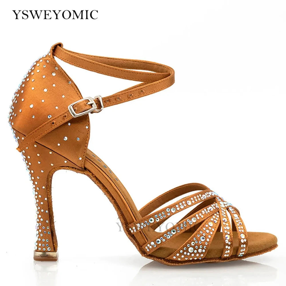 Women's Brown Rhinestone Latin Dance Heels | Braviixx