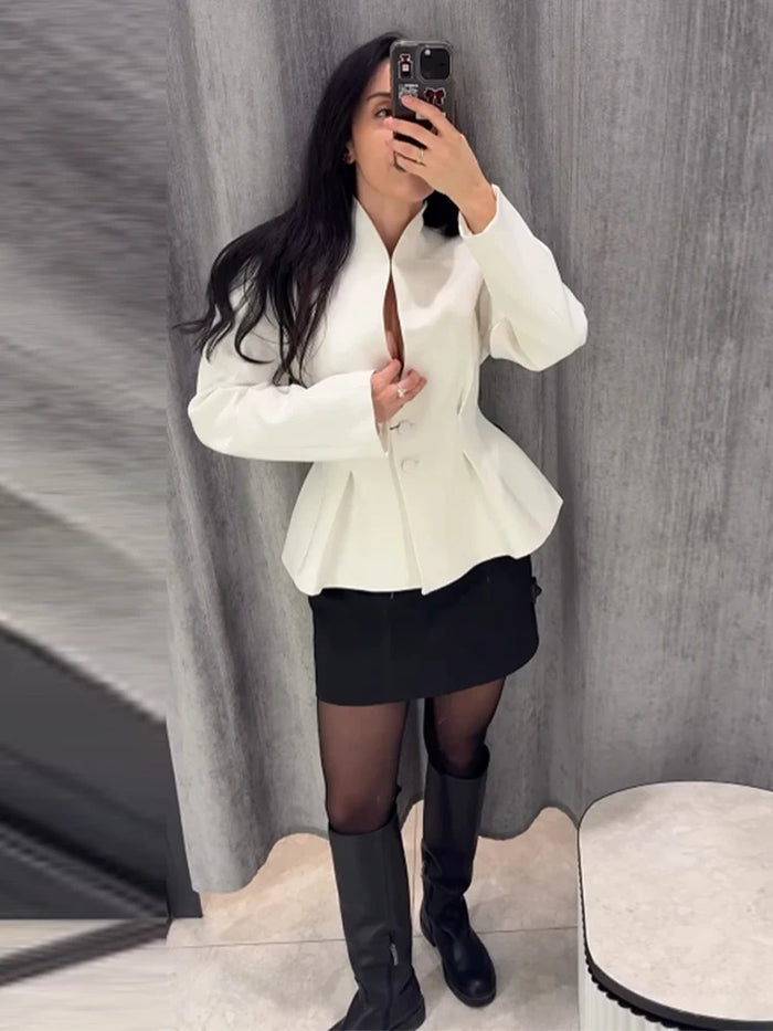 Elegant Stand Collar Blazer Women Solid Full Sleeve Button Pleated Slim Jackets 2026 Fashion Spring Waist-closed Coat Lady