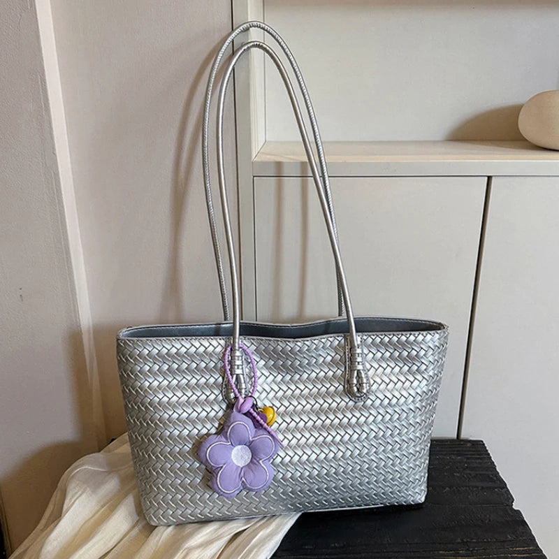Women's Woven-Look Tote Bag | Flower Pendant & Shoulder Handles | Braviixx