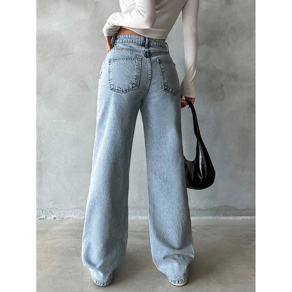 2026 Jeans Wide Leg Pants Women Streetwear High Waist Washed Distressed Pockets Vintage Full Length Denims Basis Trousers