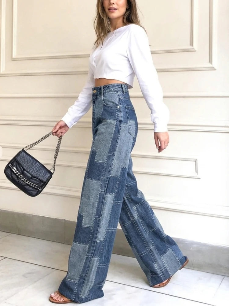 2026 Women Patchwork High Waist Wide Leg Jeans Two Tone Floor Length Y2K Casual Denim Pants Women's Pants & Trousers