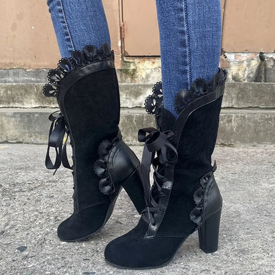 Women's Black Ribbon Lace-Up Boots | Block Heel | Braviixx