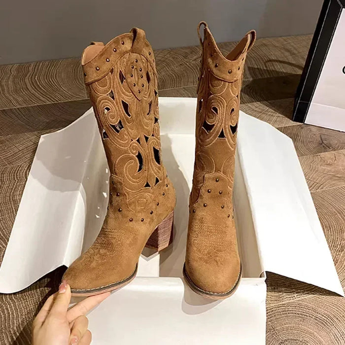 Hollow Embroidered Vintage Western Boots Women 2026 Autumn Chunky Heels Knee High Cowboy Boots Woman Pu Leather Knight Booties