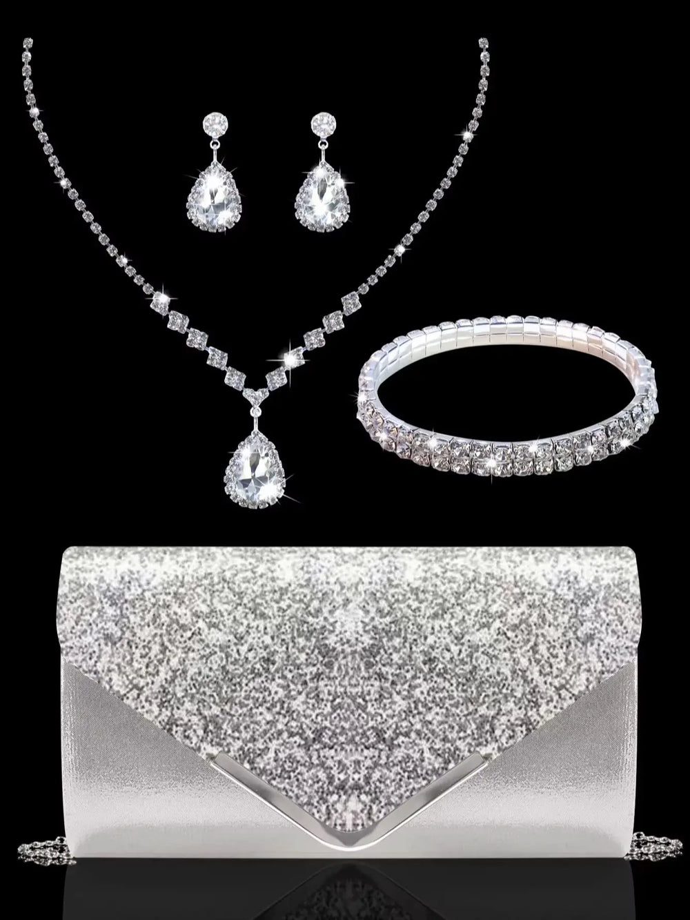 Sequined Evening Clutch Bag & Rhinestone Jewelry Set | Necklace, Earrings & Bracelet | 8 Colours | Braviixx
