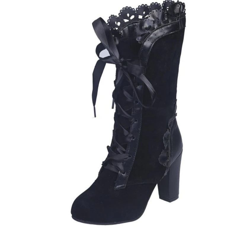 Women's Black Ribbon Lace-Up Boots | Block Heel | Braviixx