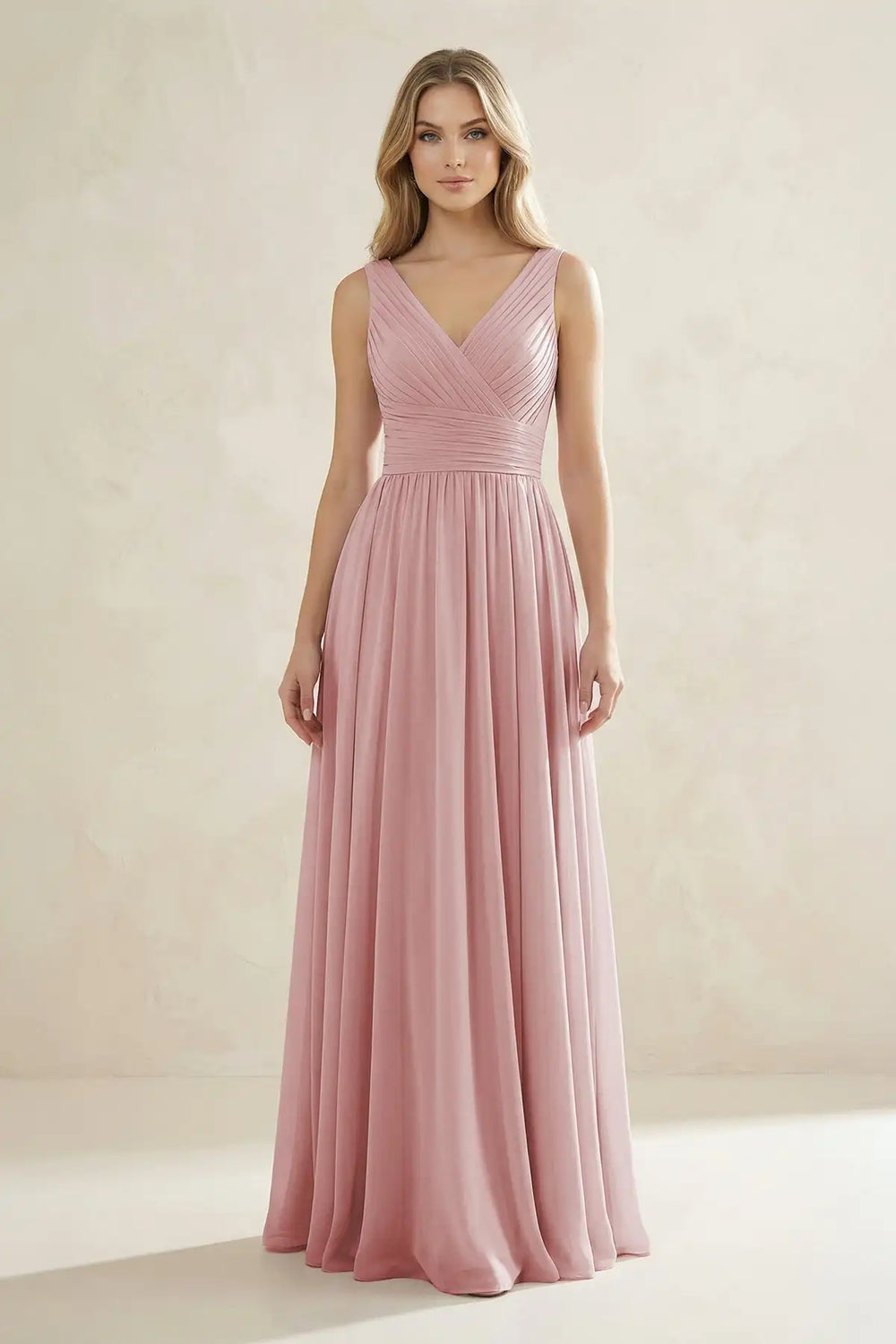 Deep V-Neck Sleeveless Chiffon A-Line Maxi Gown | Pleated Formal Wedding Guest Dress
