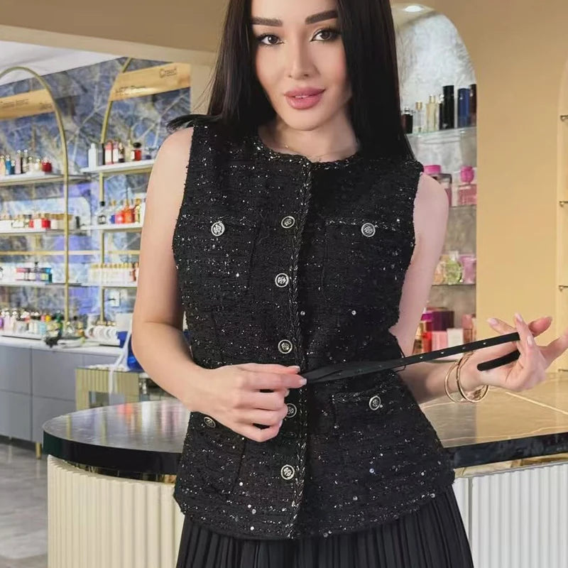 HXAO Women's Vest Summer 2025 Blue Off White Black Vest Textured Waistcoat Woman Button Sleeveless Vest Women Fashion Outerwears