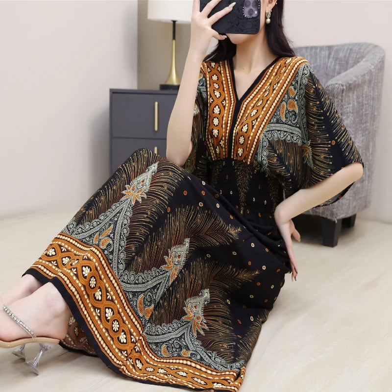 Vintage Print Midi Dress | V-Neck & Shirred Waist | Braviixx