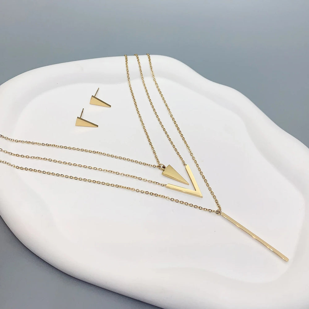 V-Shaped Layered Necklace & Earrings Set | Braviixx