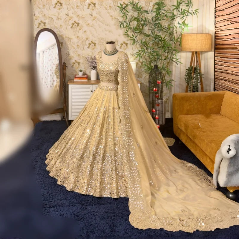 Champagne Sequin Applique Lehenga Set | Two-Piece Indian Evening Gown with Dupatta | Braviixx