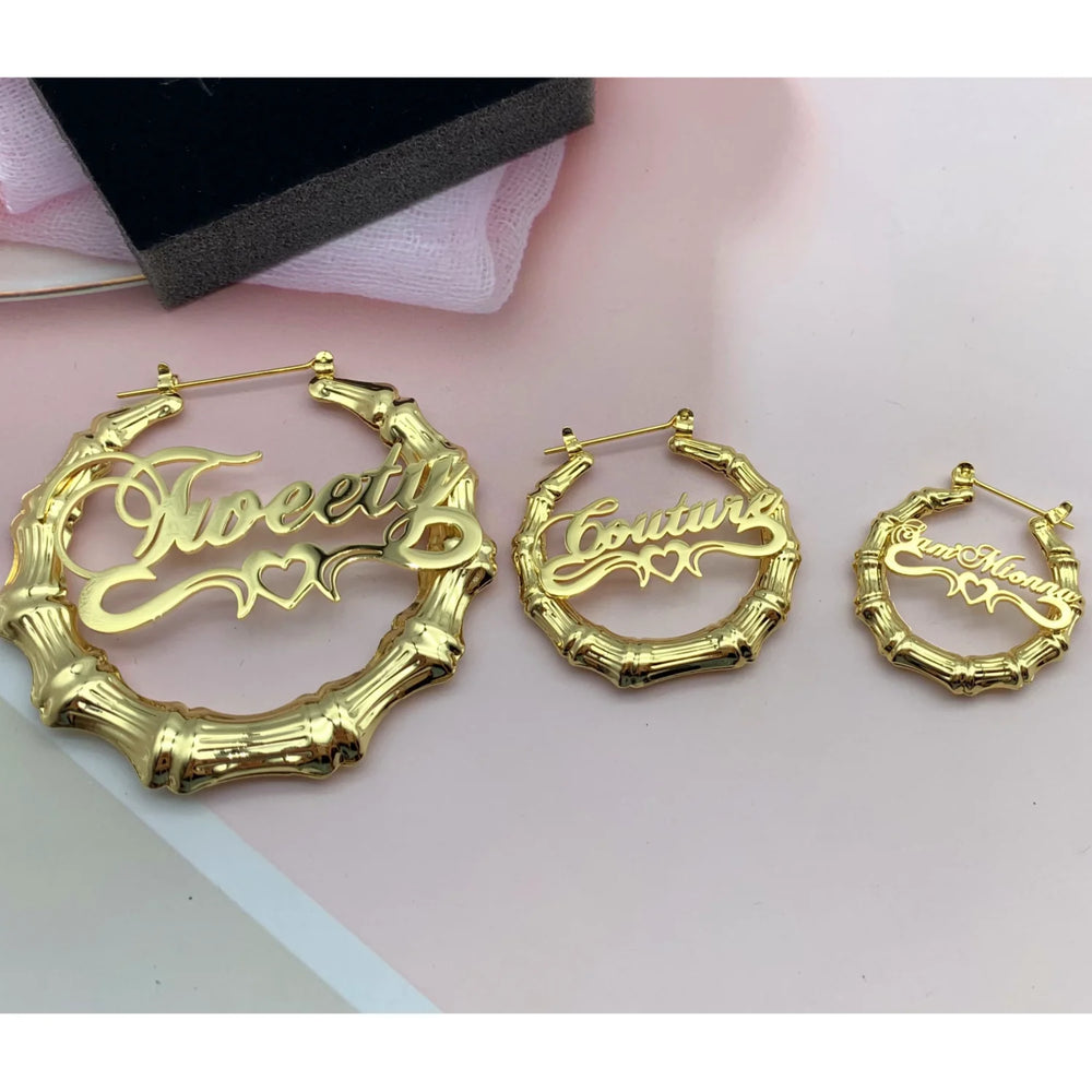 30 -100MM Customize Name Earrings Bamboo Personalized Earrings Custom Name/Logo/Statement Hoops with Heart Under Best Gift Gold