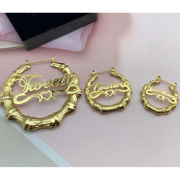30 -100MM Customize Name Earrings Bamboo Personalized Earrings Custom Name/Logo/Statement Hoops with Heart Under Best Gift Gold