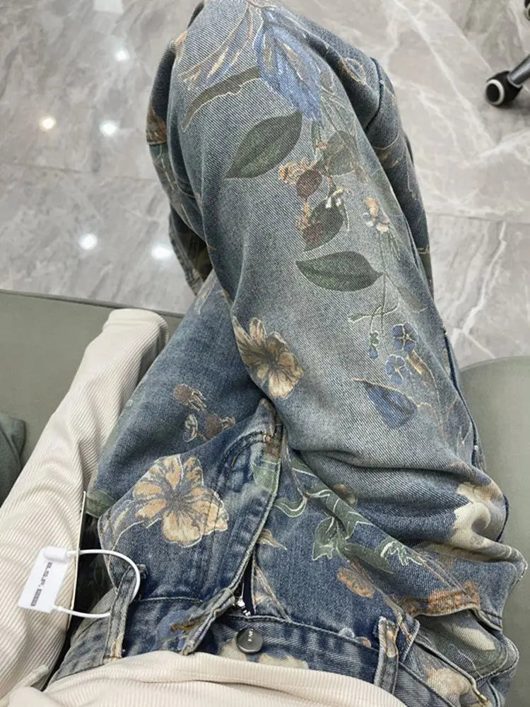 Vintage Floral Printed Jeans For Women Spring Autumn Casual Loose Straight Denim Pants Full Length Trousers Street wear