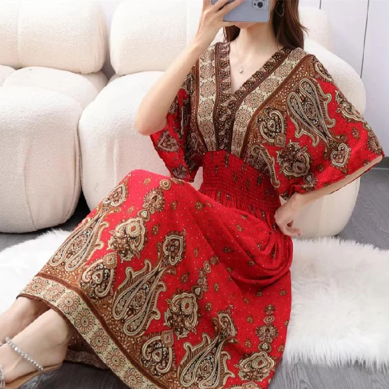 Vintage Print Midi Dress | V-Neck & Shirred Waist | Braviixx
