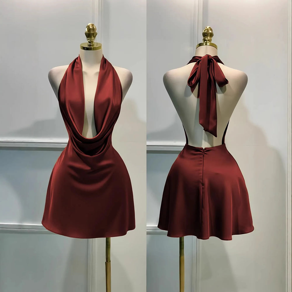 Satin Halter Mini Dress | Draped Neckline & Open Back | Braviixx