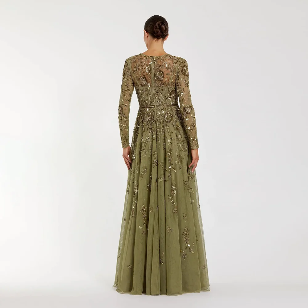 Floral Print Tulle A-Line Evening Gown | O-Neck Full Sleeve Formal Prom Dress