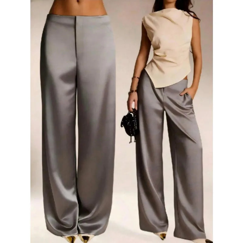 2026 Summer New Women Satin Wide Leg Pants Europe America Fashion High Waist Elegant Office Casual Trousers Y2k Streetwear Women