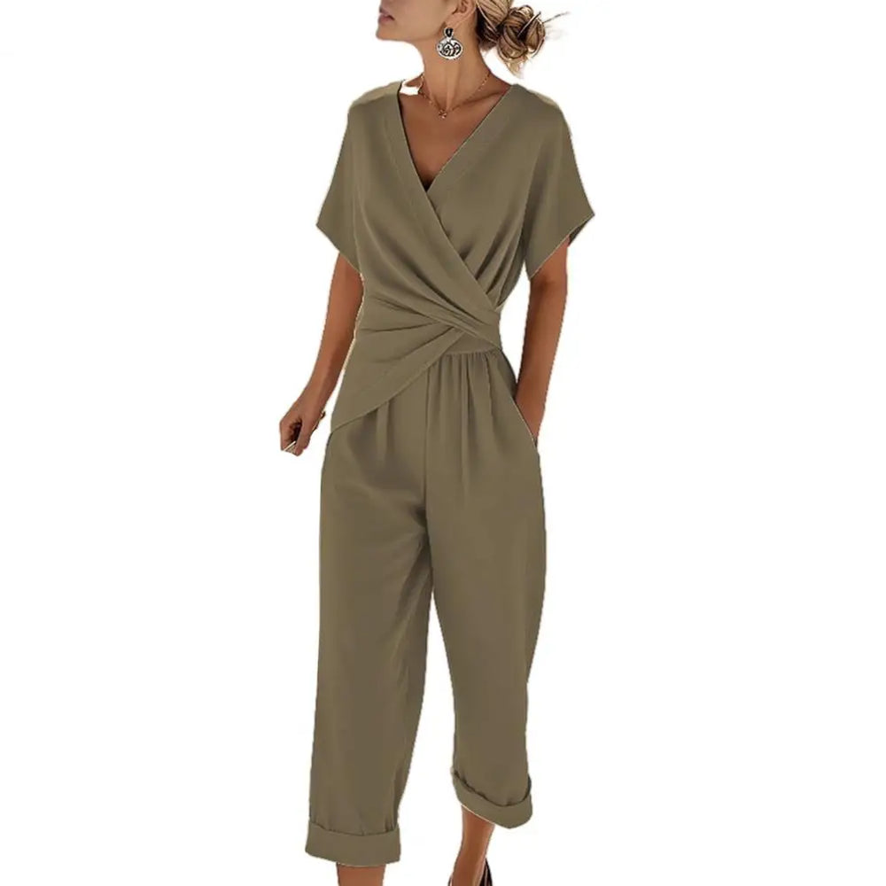 Summer Fashion Solid Women's Two Pieces Set Elegant V Neck Slim Office Suit Casual Pleated Irregular Top And Pants Female Outfit