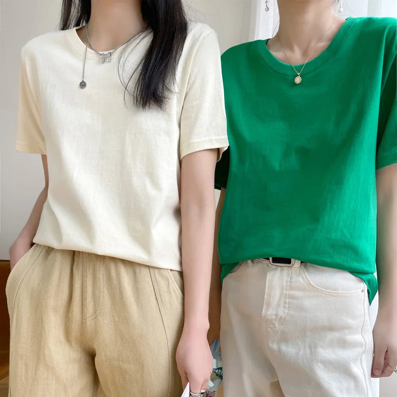 Women T-shirts 2026 Tops Solid Short Sleeve Loose O-neck  Cotton Casual Ladies Shirts Harajuku Korean Summer Woman Tshirts