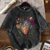 Vintage Washed Black Graphic Tee Women Men 2025 Summer New Broken Heart Floral Print Loose Casual Short Sleeve Harajuku Top