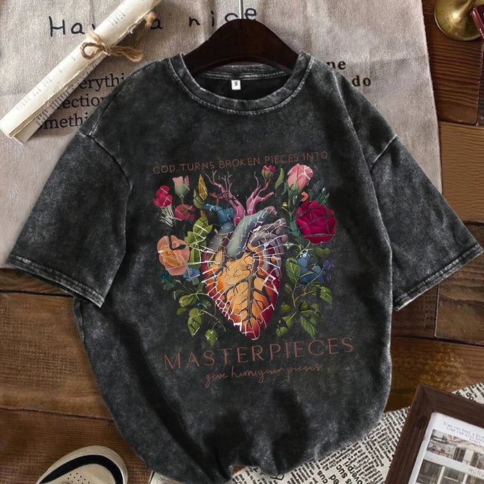 Vintage Washed Black Graphic Tee Women Men 2025 Summer New Broken Heart Floral Print Loose Casual Short Sleeve Harajuku Top