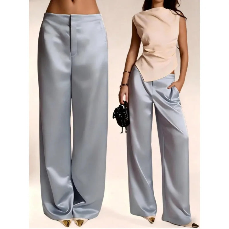 2026 Summer New Women Satin Wide Leg Pants Europe America Fashion High Waist Elegant Office Casual Trousers Y2k Streetwear Women
