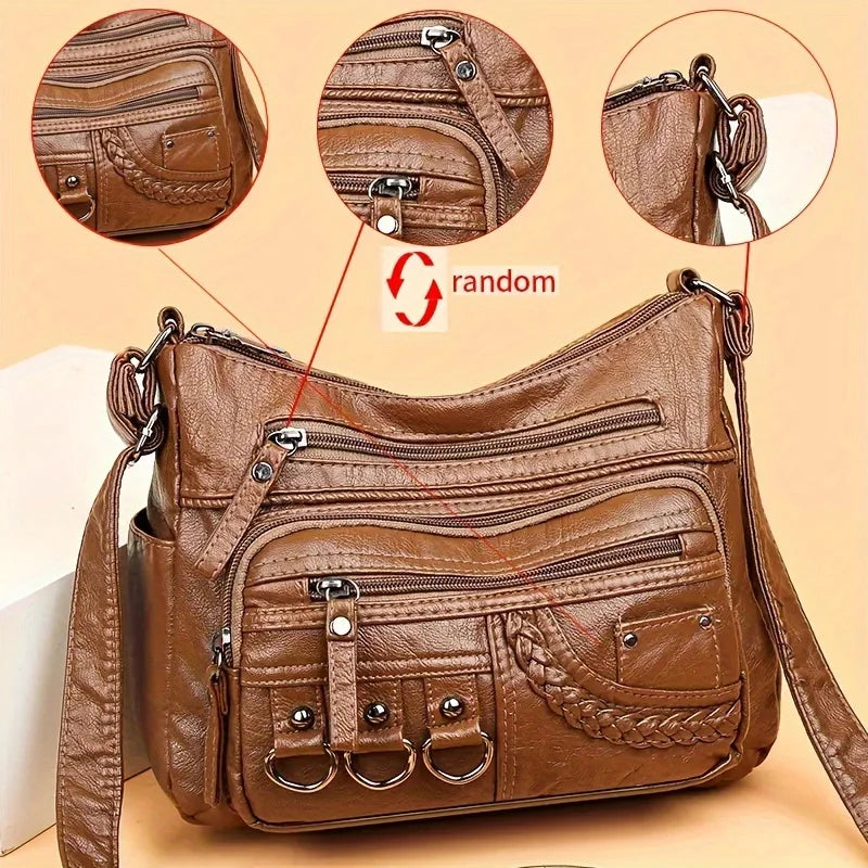 Vintage Multi-Pocket Crossbody Bag | Braided Trim & Ring Details | Braviixx