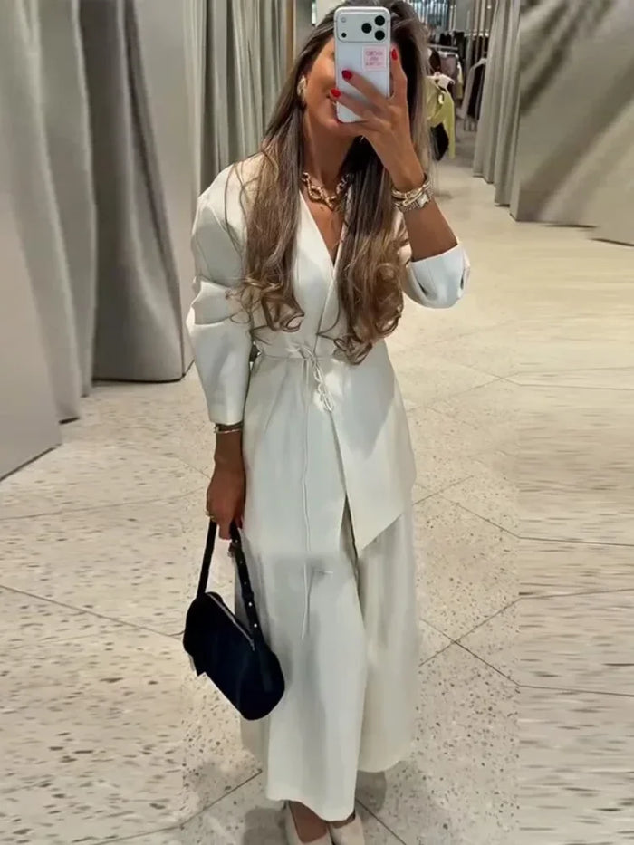 Women's Elegant Coat Pant Sets Full Sleeve V Lace Top Wide Leg Pants Female Suits 2026 Spring Summer Solid Satin Lady Set