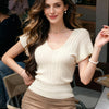 V-neck Short Sleeve Knitted Pullover Shirt 2026 Fashion New Slim Fit Solid Color Basic Tops Elegant Summer Blouse Casual Blusas
