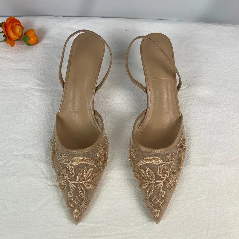 2025 New Women Sandals Brand Designer Ladies Flower Mesh Open Heel Sandals Shoes Sexy High Heel Pointed Toe Stiletto Pumps Mules