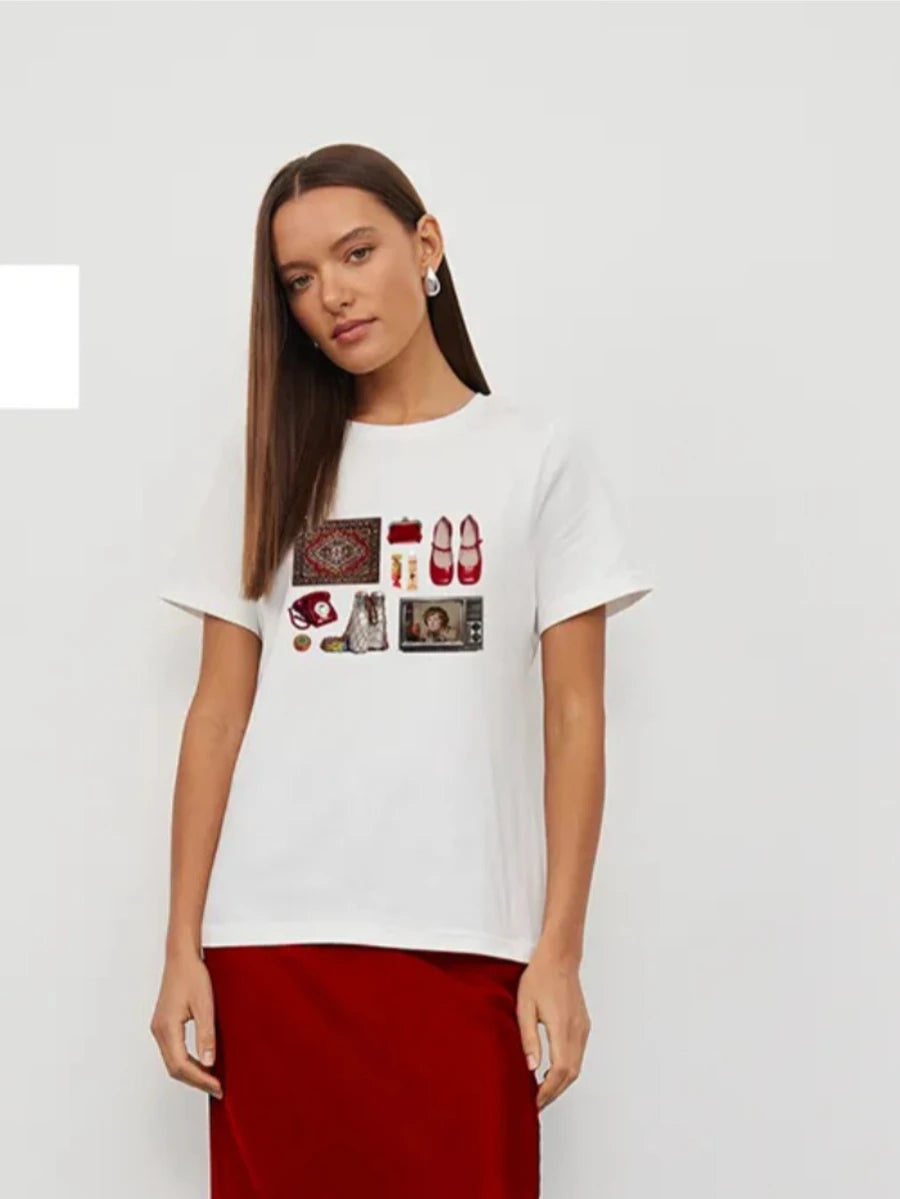 Women's New 2026 Summer Casual T-Shirts Minimalist Fun Design Niche Loose Versatile 100% Cotton Printed Short-Sleeve Trendy Tee