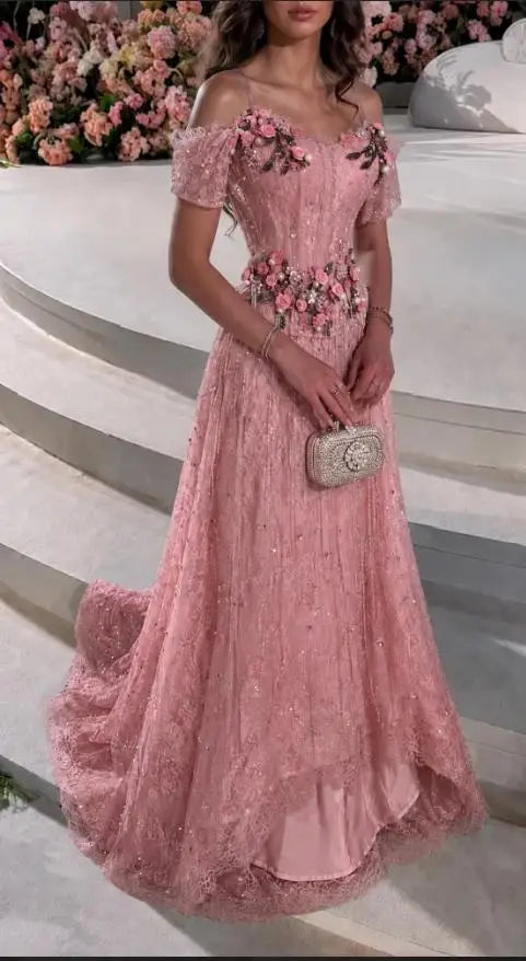 Spaghetti Strap 3D Floral Lace A-Line Evening Gown | Sweetheart Formal Dress with Sweep Train