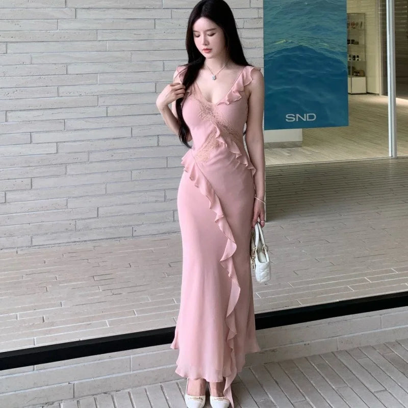 Women Slip Long Dress Lady Pink Lace Panel Slim Fit Ruffled Mermaid Dress Female Summer Alluring Bodycon Maxi Vacation Dress
