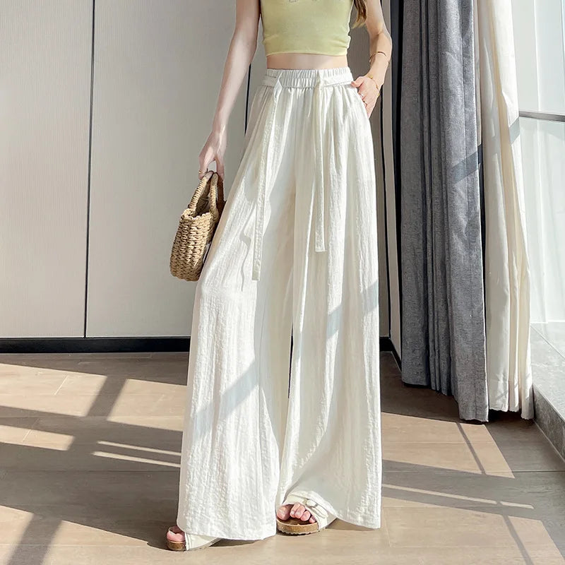 Cotton Linen Wide-Leg Pants 2026 Women Summer Casual Solid Holiday Pants Feet Cool Breathable Ice Silk Drape Mop Straight Pants