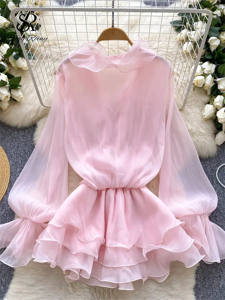 SINGREINY 3D Floral Beach Short Dress Female Long Sleeves Lace Up Ruffle Chiffon Cake Sundress Sheer Sexy Vintage Bohemian Dress