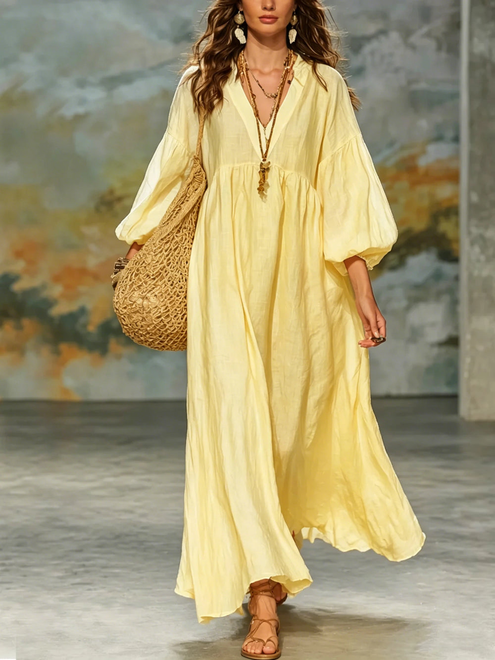 Women Bohemian Linen Maxi Dress V Neck Puff 3/4 Sleeve Loose Flowy Long Dress Casual Beach Vacation Sundress