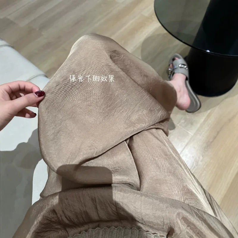 Women Satin Wide Leg Pants Drawstring Waist Ice Silk Drapey Loose Straight Floor Length Casual Trousers
