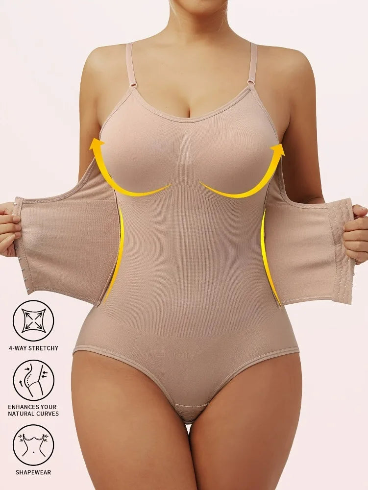 Women's Full Body Shaping Bodysuit Tummy Tummy Trimmer Suit with Front Closure Backless Strappy T Back Design Tight