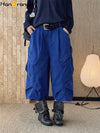 HanOrange 2026 Summer High Waist 3D Pleated Pocket Calf-Length Jeans Women Loose Cropped Denim Capris Military Green/Blue