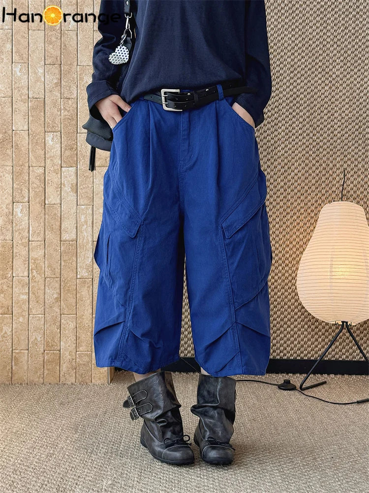 HanOrange 2026 Summer High Waist 3D Pleated Pocket Calf-Length Jeans Women Loose Cropped Denim Capris Military Green/Blue