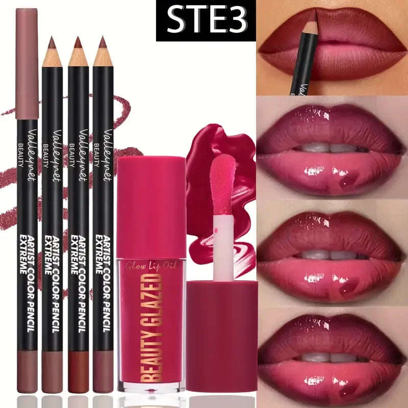 4-Piece Waterproof Matte Lip Kit | 3 Lip Liners + 1 Lip Glaze