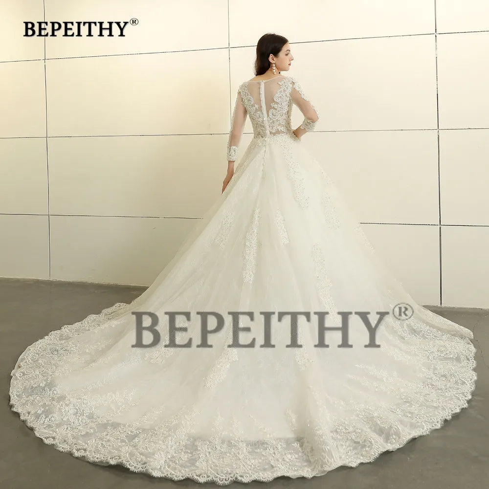 Lace Wedding Ball Gown | Three-Quarter Illusion Sleeves | Braviixx