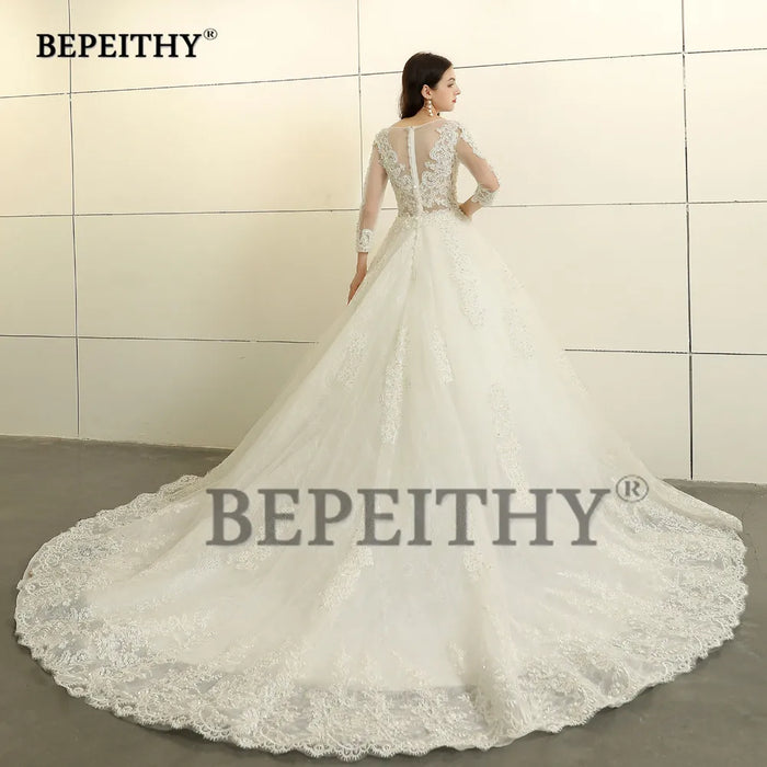 Lace Wedding Ball Gown | Three-Quarter Illusion Sleeves | Braviixx
