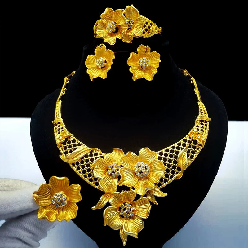 Gold-Tone Bridal Jewelry Set | Necklace, Earrings, Bracelet & Ring | Braviixx