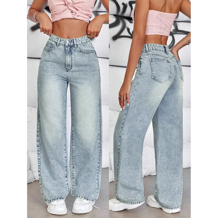 2026 Jeans Wide Leg Pants Women Streetwear High Waist Washed Distressed Pockets Vintage Full Length Denims Basis Trousers