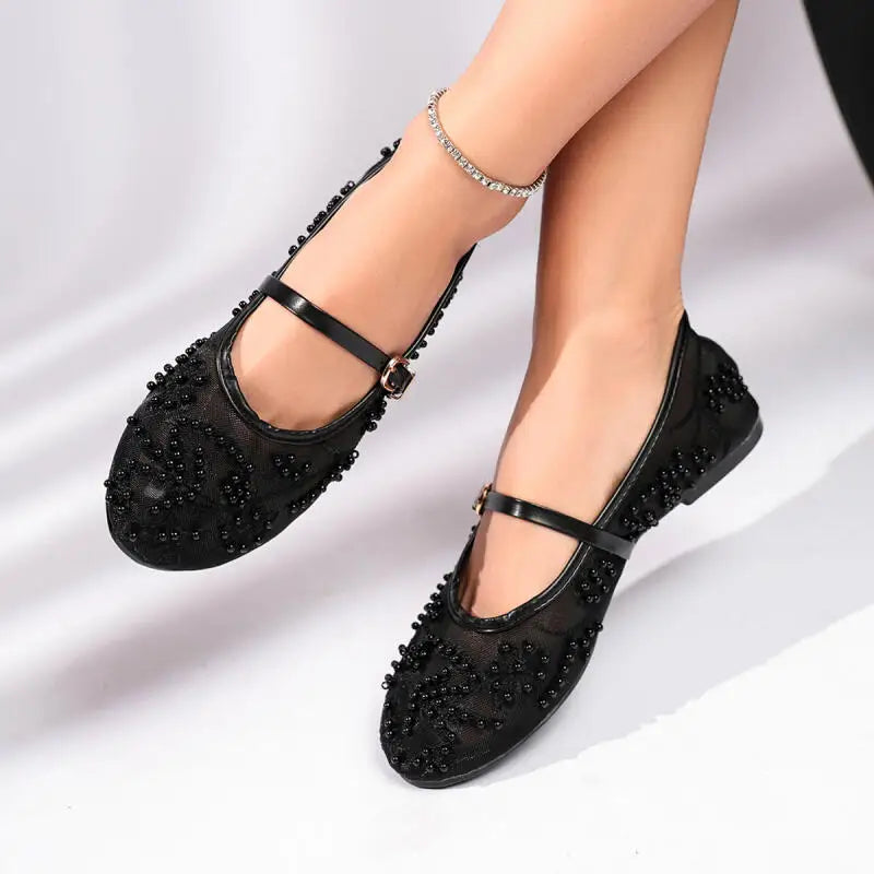 Luxury Pearl Flower Beige Black Ballet Flats Women Summer 2026 Breathable Lace Buckle Decorat Mary Jane Shoes Woman's Soft Pumps