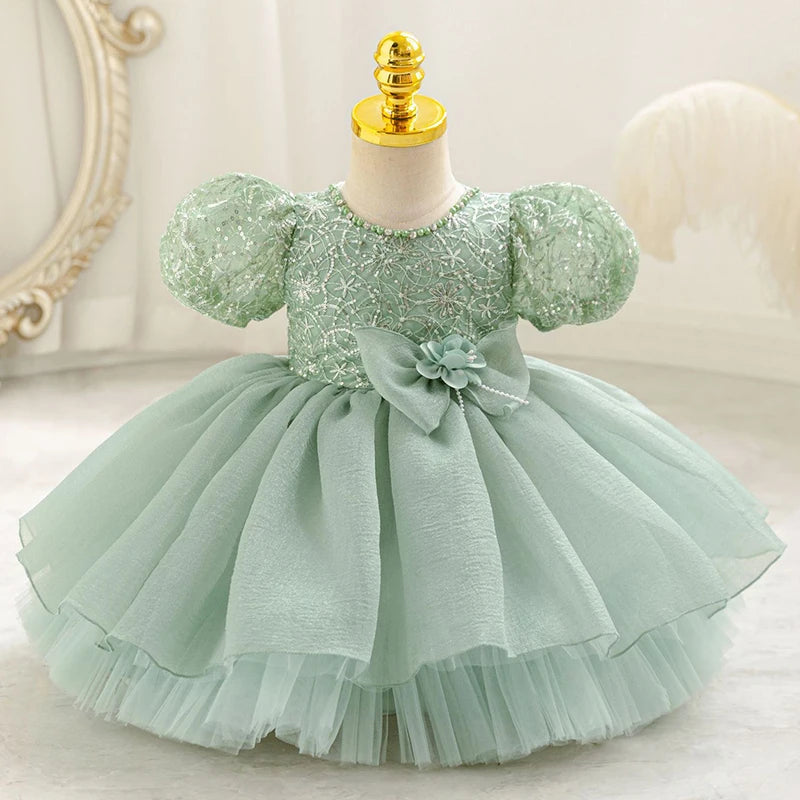 Baby Girls Floral Beaded Puff-Sleeve Dress | Pageant Party Gown | 3–6M to 4Y | Braviixx
